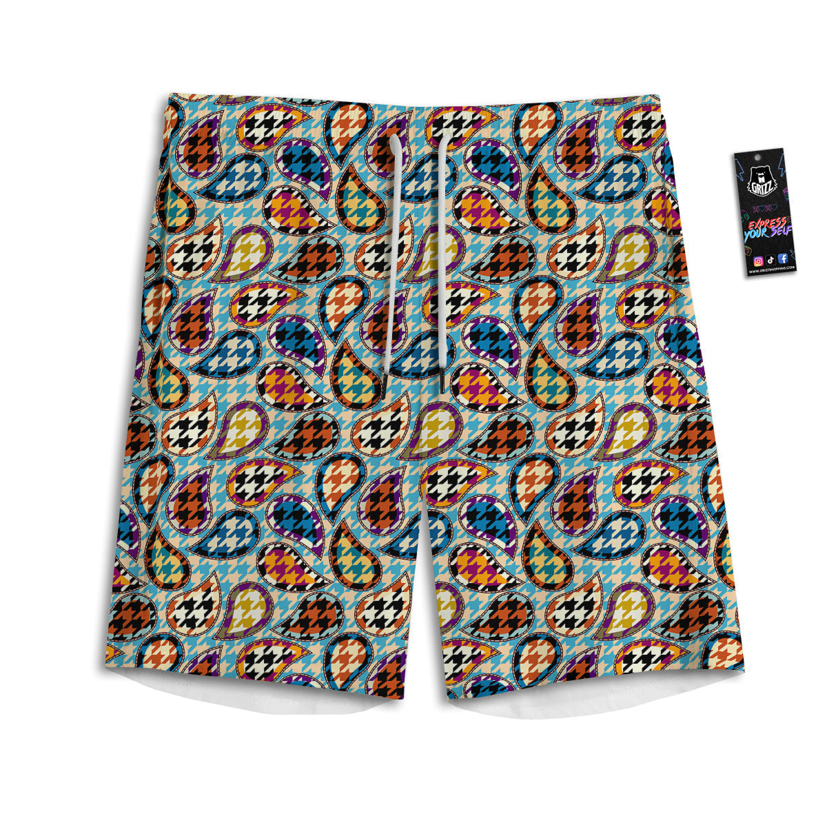 Houndstooth And Paisley Print Pattern Men's Athletic Shorts