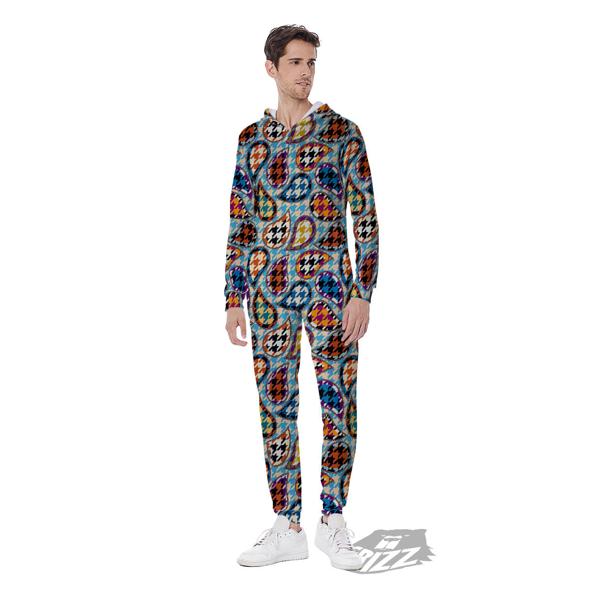 Houndstooth And Paisley Print Pattern Men's Jumpsuit-grizzshop