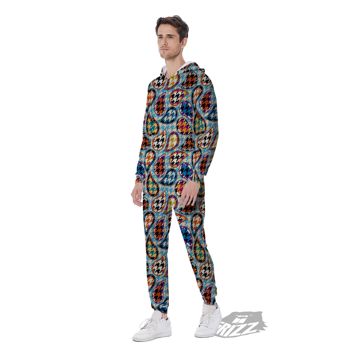 Houndstooth And Paisley Print Pattern Men's Jumpsuit-grizzshop