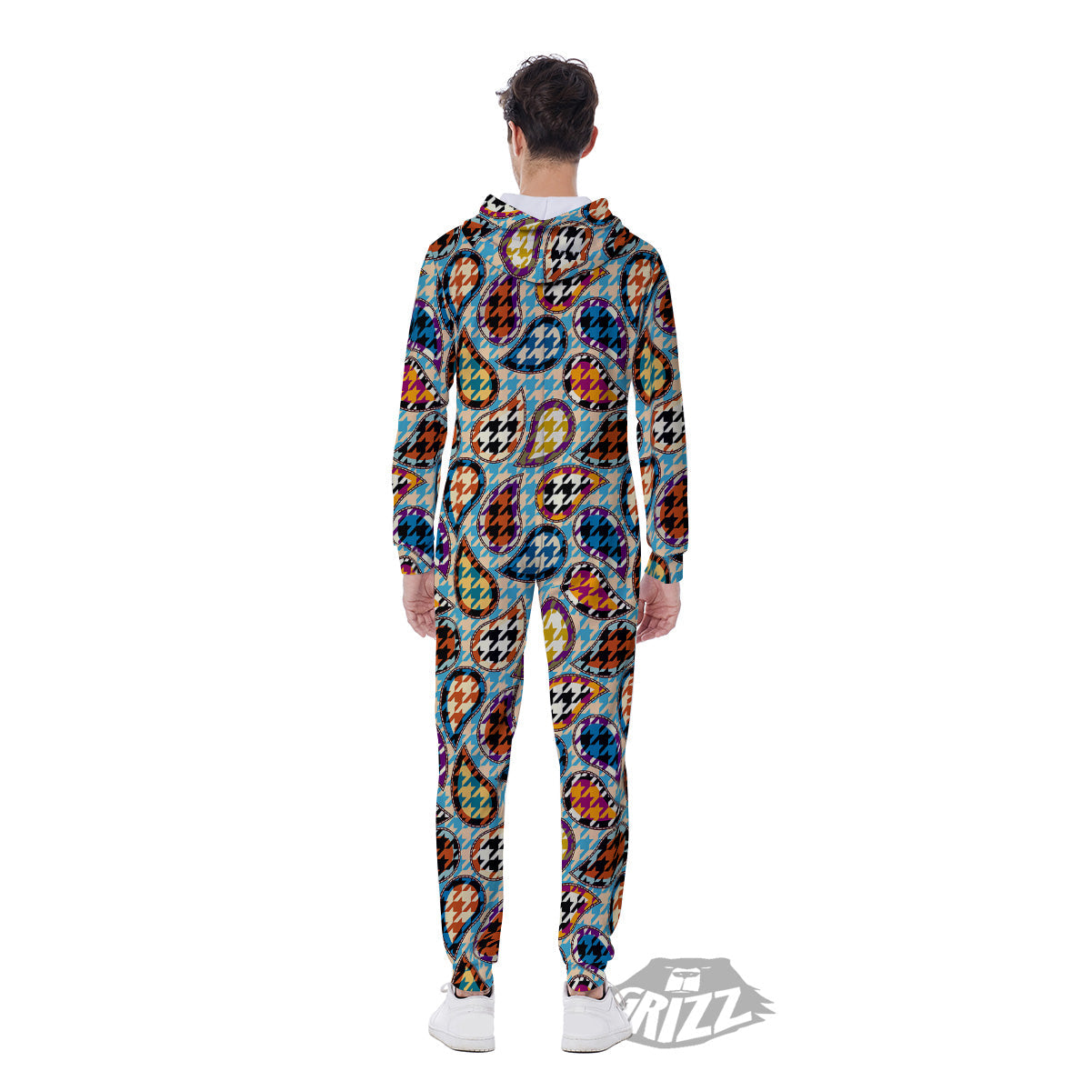 Houndstooth And Paisley Print Pattern Men's Jumpsuit-grizzshop
