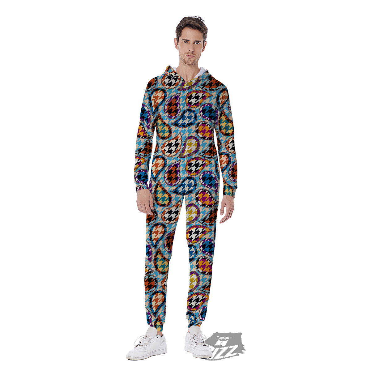 Houndstooth And Paisley Print Pattern Men's Jumpsuit-grizzshop