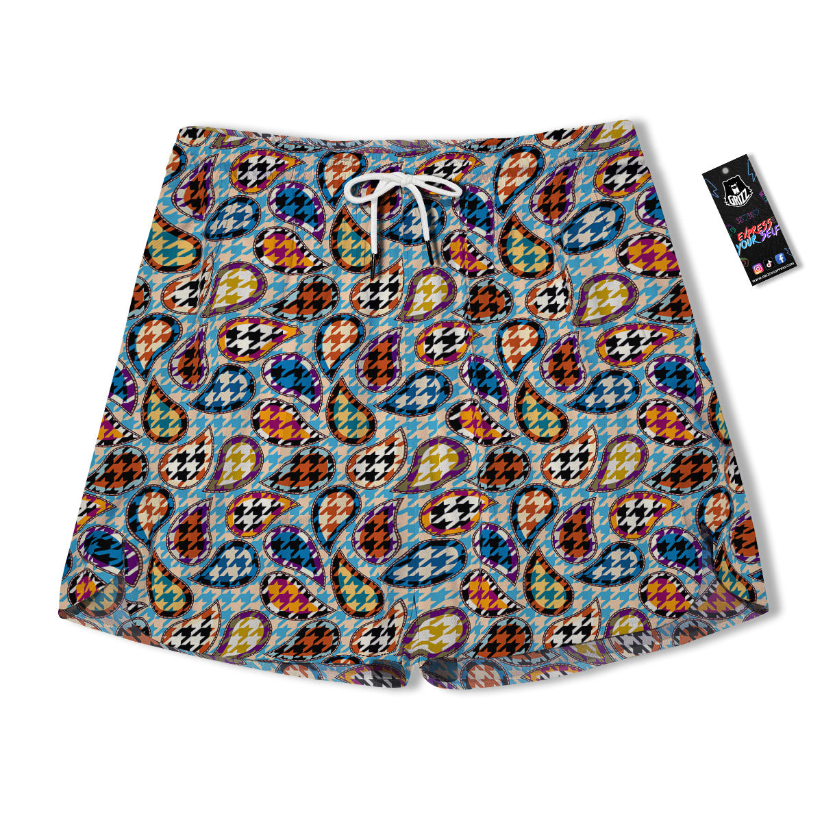 Houndstooth And Paisley Print Pattern Men's Running Shorts-grizzshop