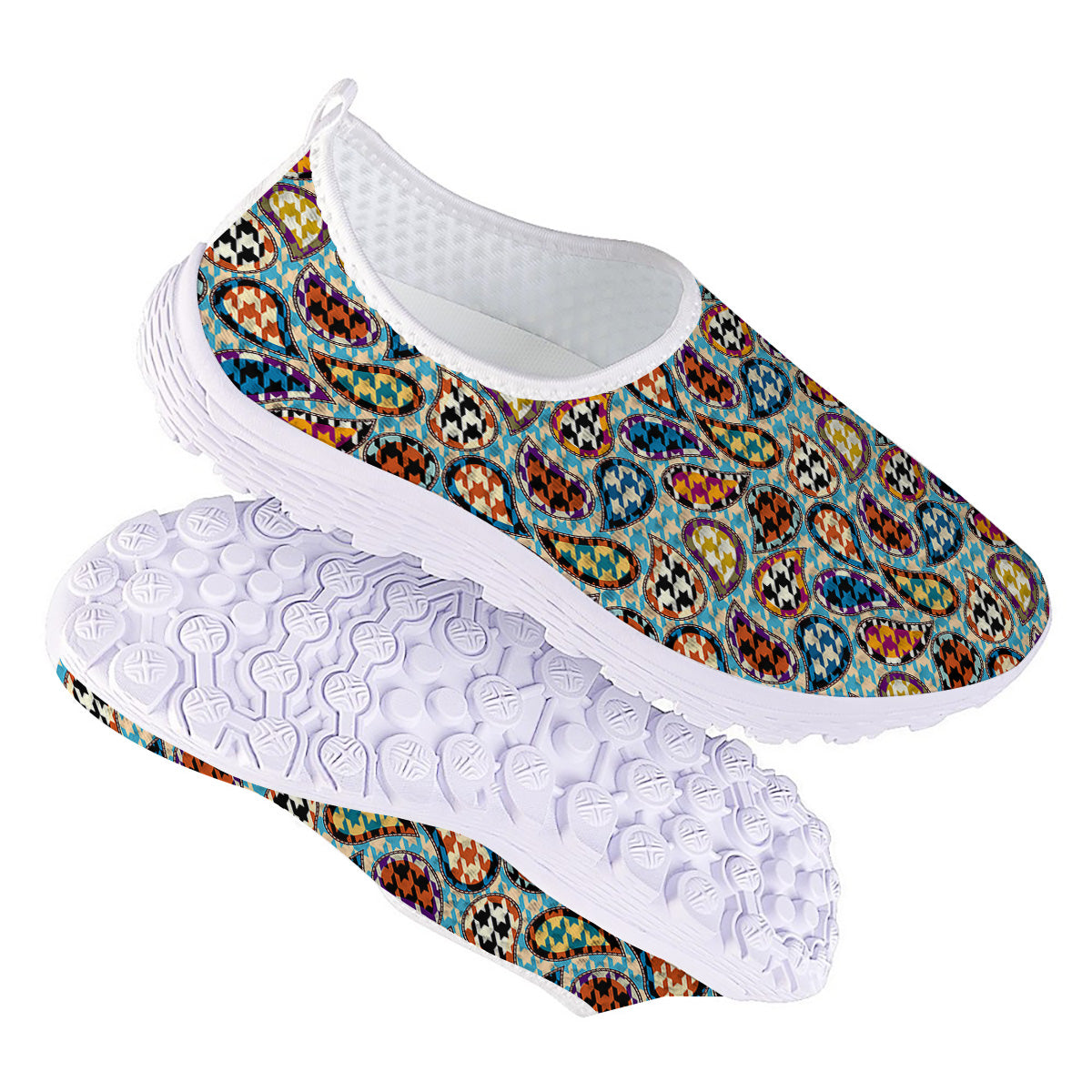 Houndstooth And Paisley Print Pattern Nurse Shoes-grizzshop