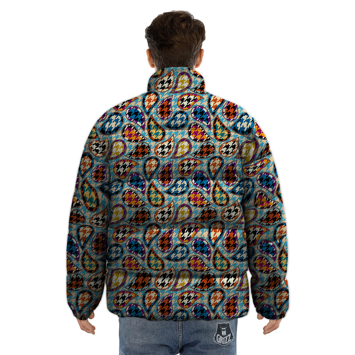Houndstooth And Paisley Print Pattern Puffer Jacket-grizzshop