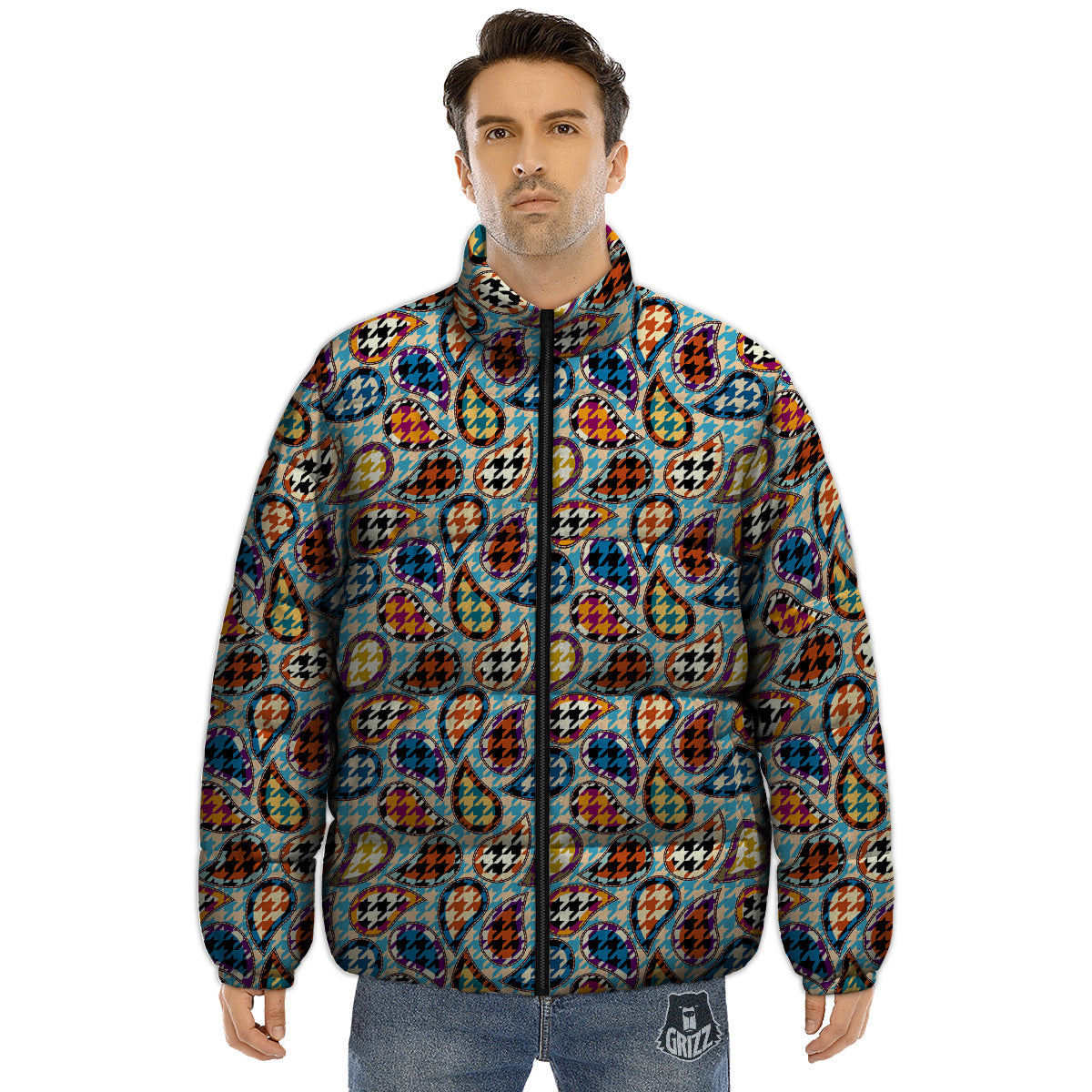 Houndstooth And Paisley Print Pattern Puffer Jacket-grizzshop