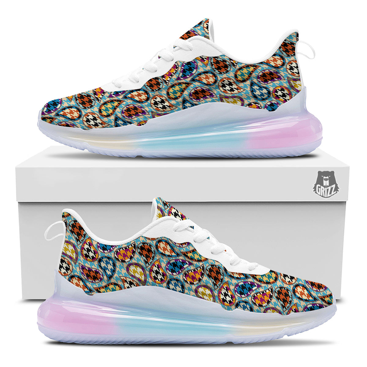 Houndstooth And Paisley Print Pattern Running Sneakers-grizzshop