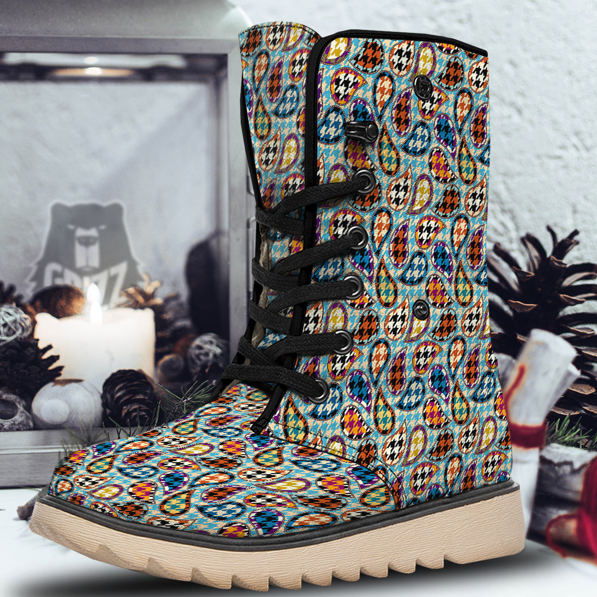 Houndstooth And Paisley Print Pattern Snow Boots-grizzshop