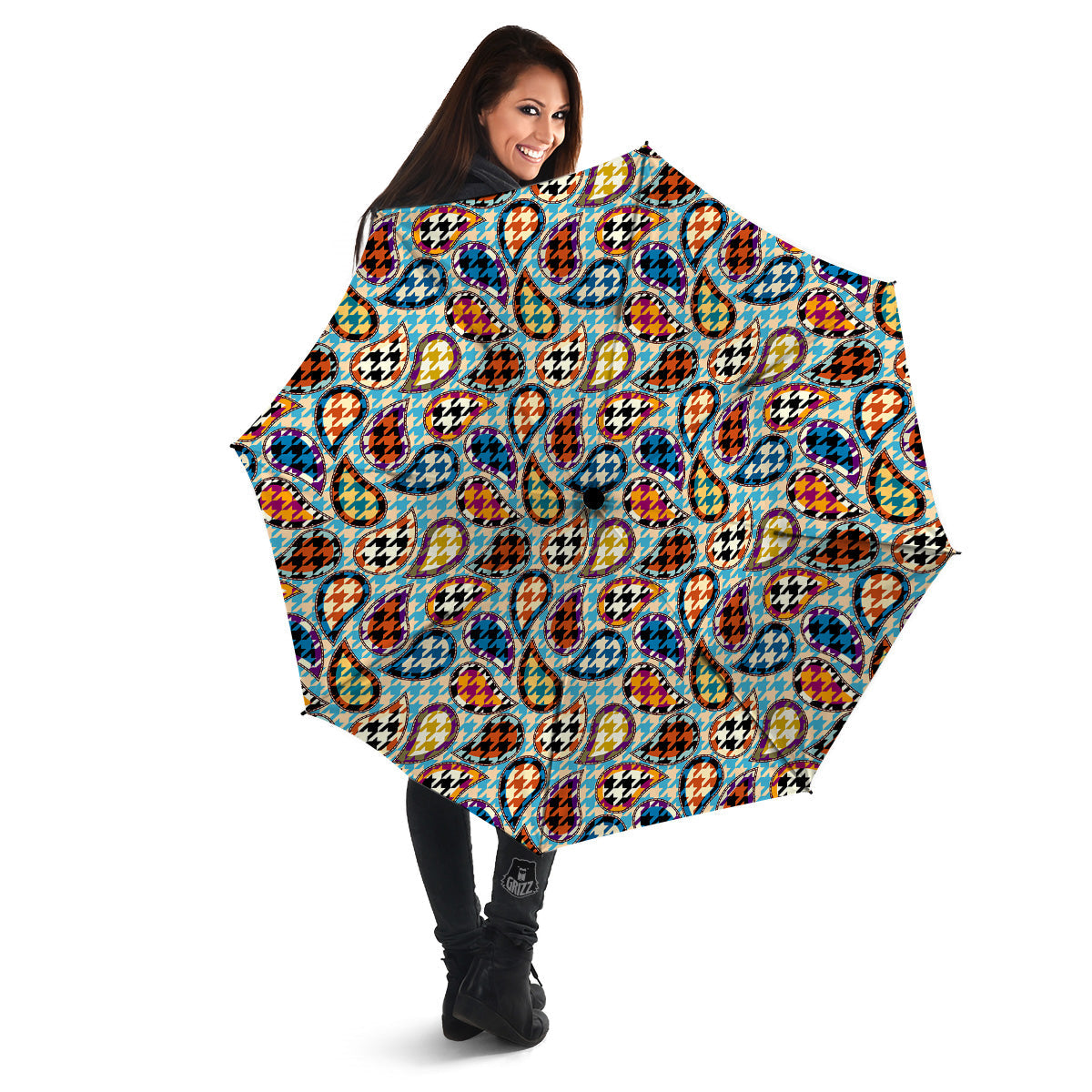 Houndstooth And Paisley Print Pattern Umbrella-grizzshop
