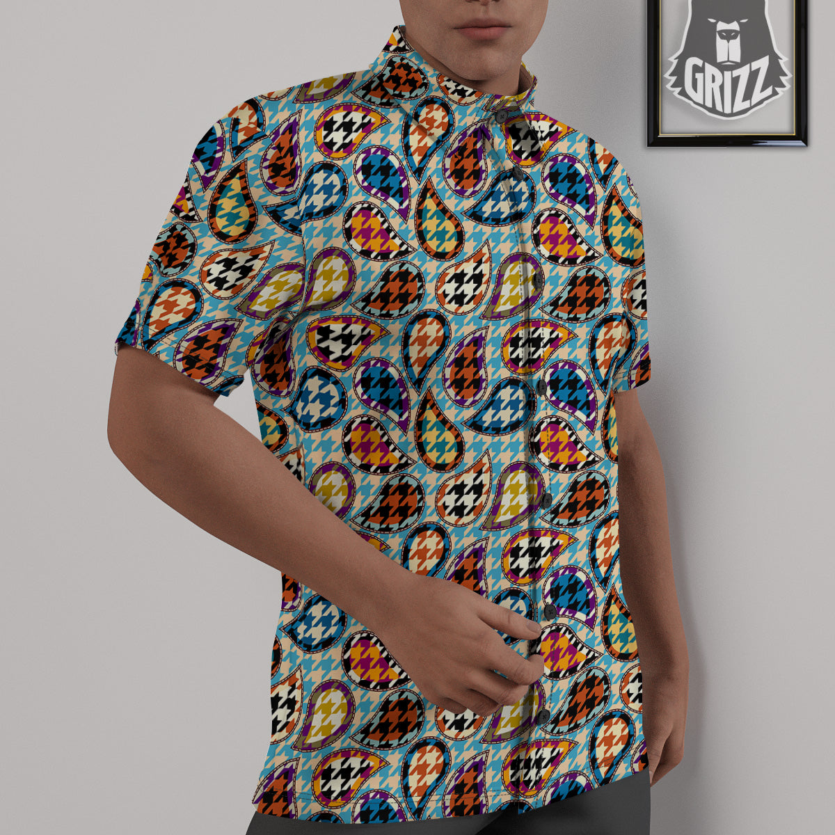 Houndstooth And Paisley Print Pattern Untucked Shirts-grizzshop