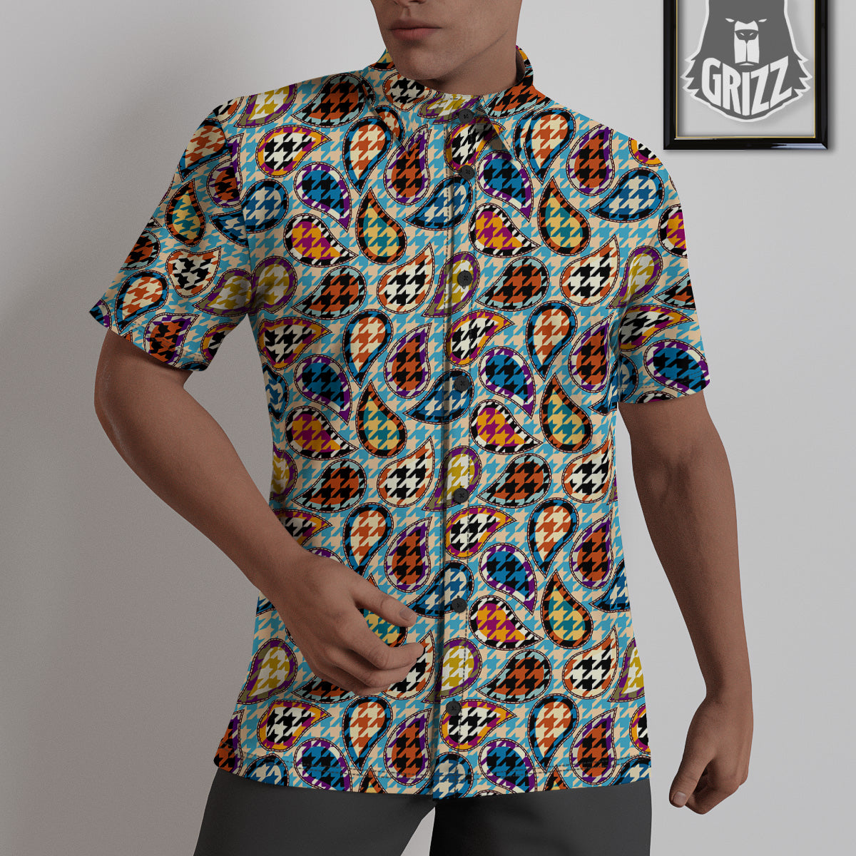 Houndstooth And Paisley Print Pattern Untucked Shirts-grizzshop