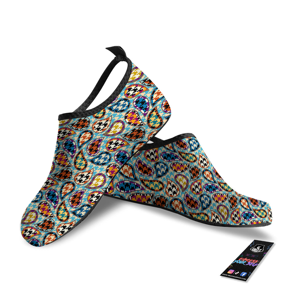 Houndstooth And Paisley Print Pattern Water Shoes-grizzshop