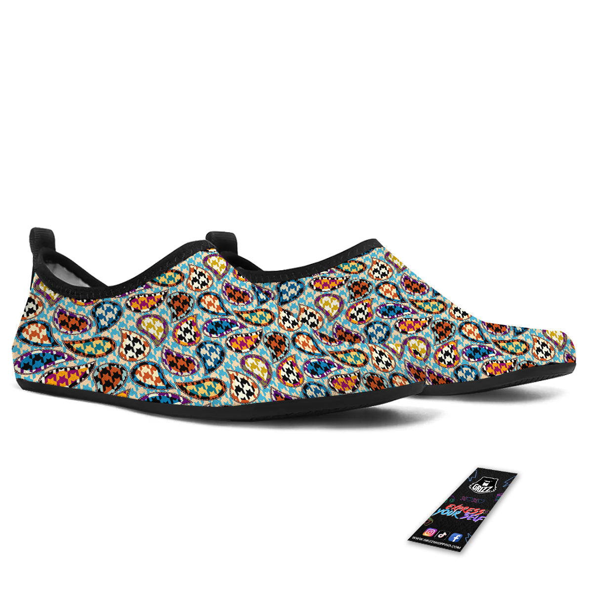 Houndstooth And Paisley Print Pattern Water Shoes-grizzshop