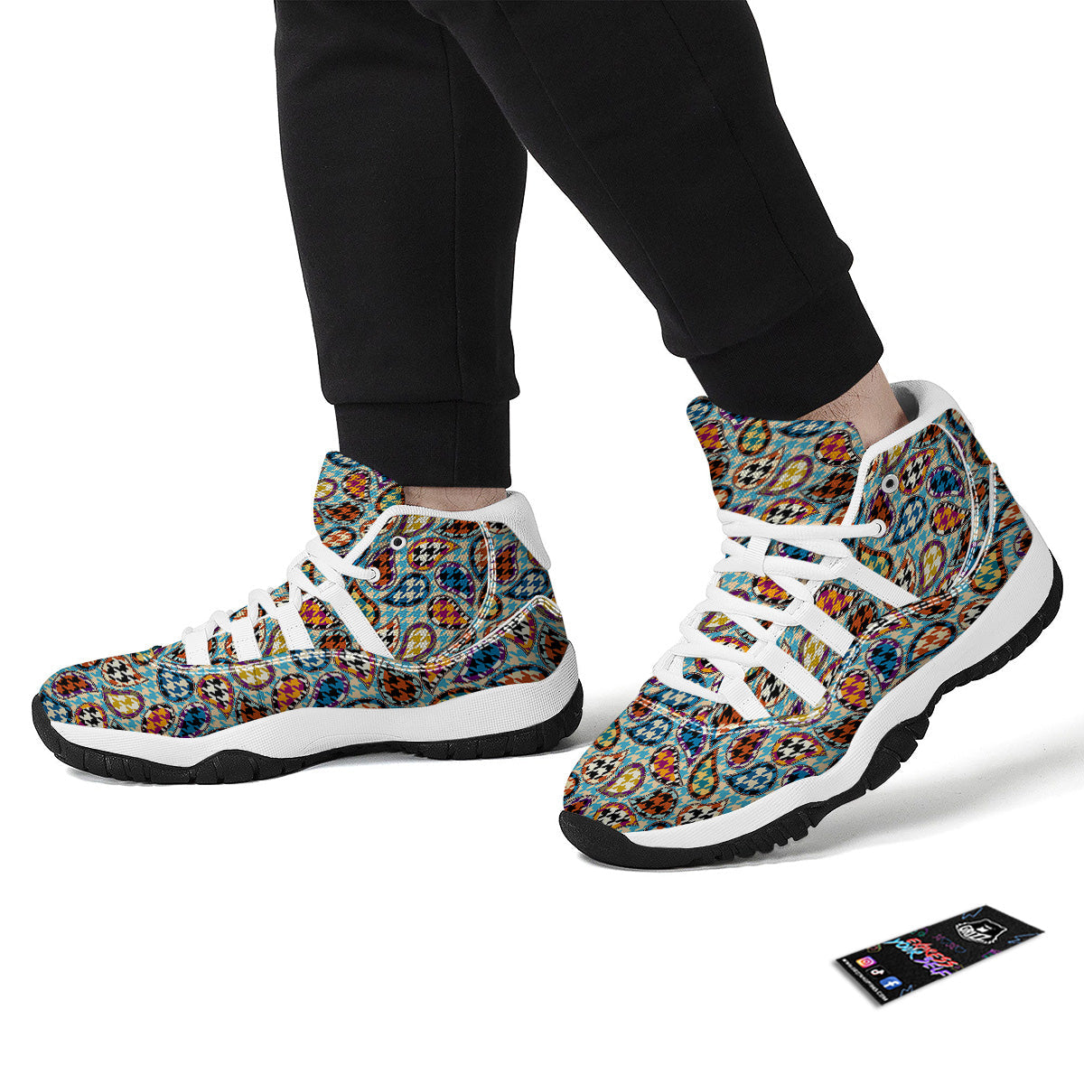 Houndstooth And Paisley Print Pattern White Bball Shoes-grizzshop
