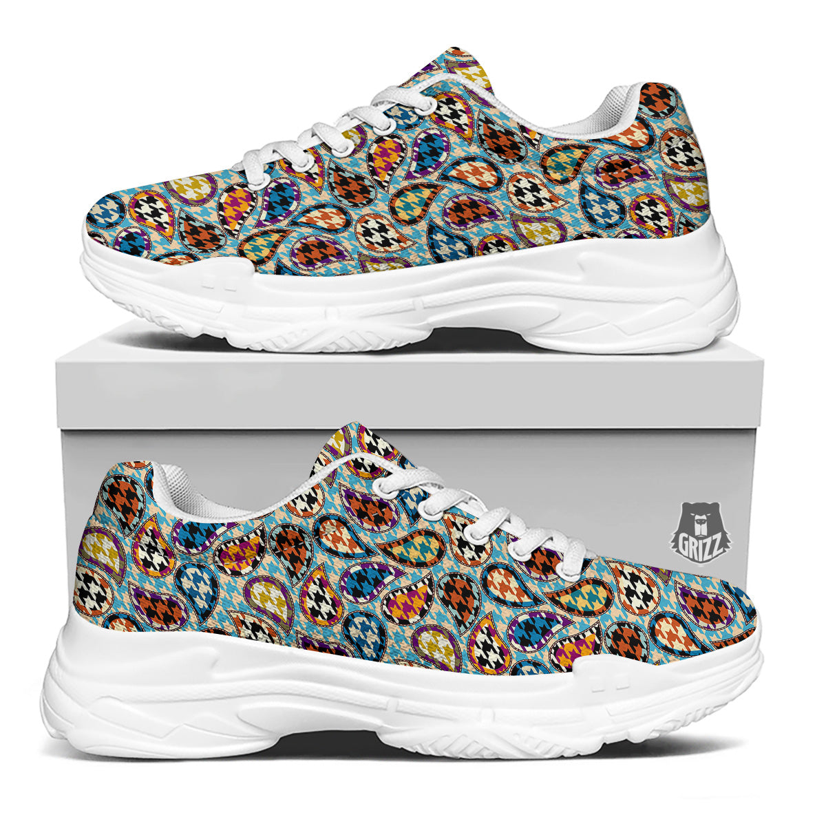 Houndstooth And Paisley Print Pattern White Chunky Shoes-grizzshop