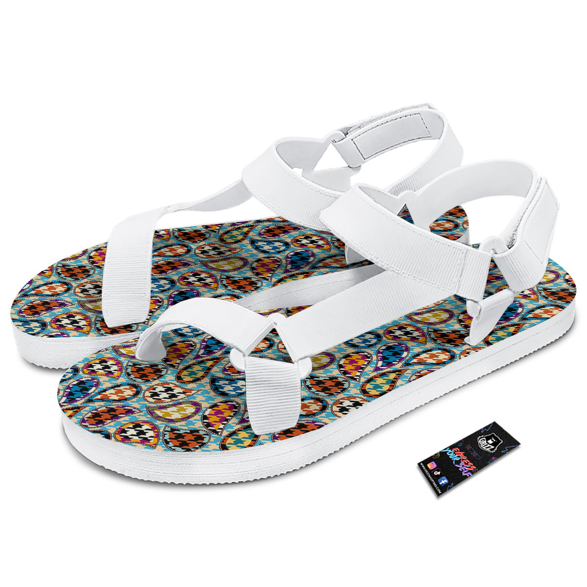 Houndstooth And Paisley Print Pattern White Open Toe Sandals-grizzshop