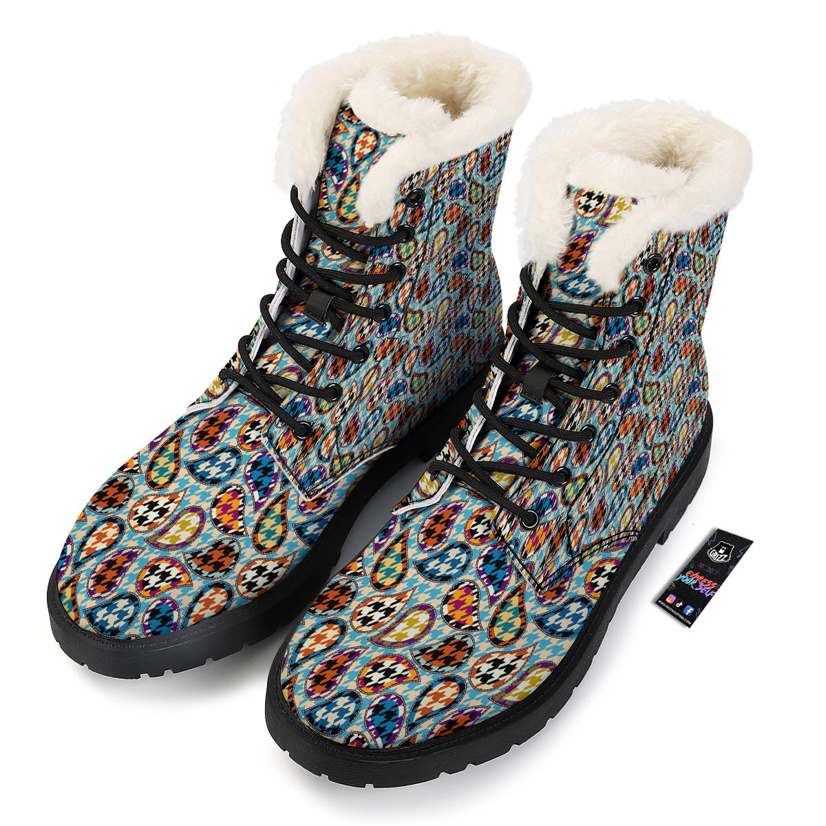 Houndstooth And Paisley Print Pattern Winter Boots-grizzshop