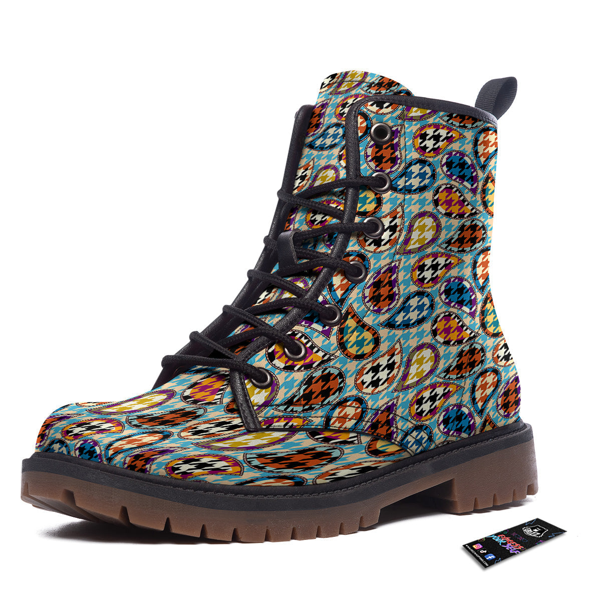 Houndstooth And Paisley Print Pattern Work Boots-grizzshop