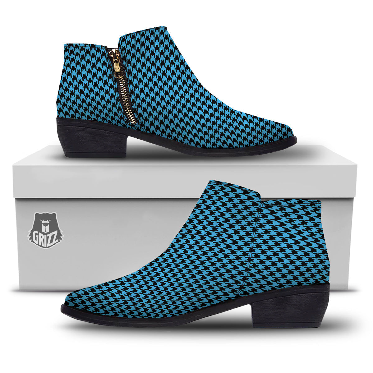 Houndstooth Black And Blue Print Ankle Boots-grizzshop