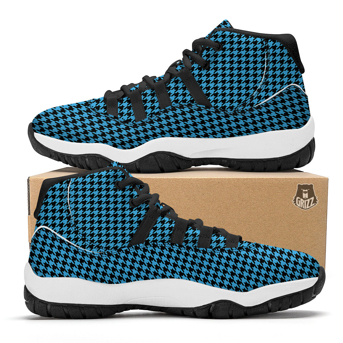 Houndstooth Black And Blue Print Black Bball Shoes-grizzshop