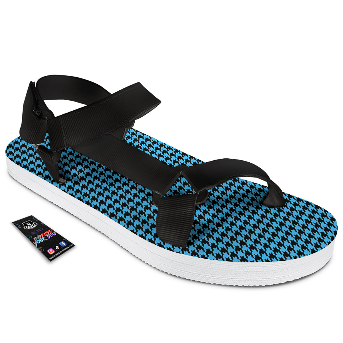 Houndstooth Black And Blue Print Black Open Toe Sandals-grizzshop
