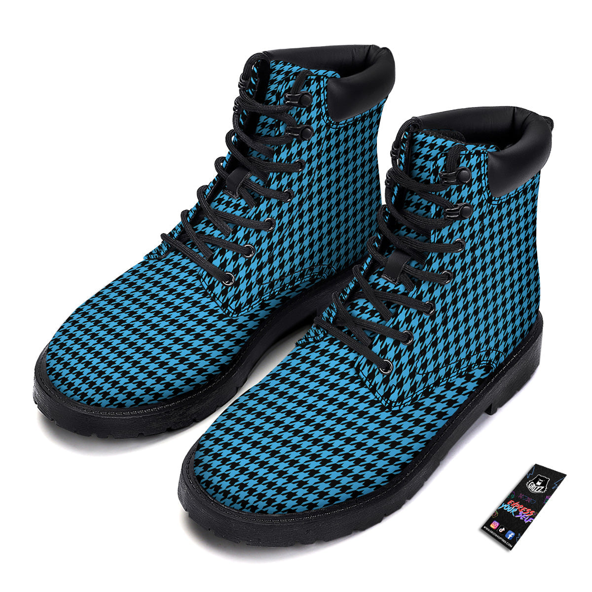 Houndstooth Black And Blue Print Boots-grizzshop