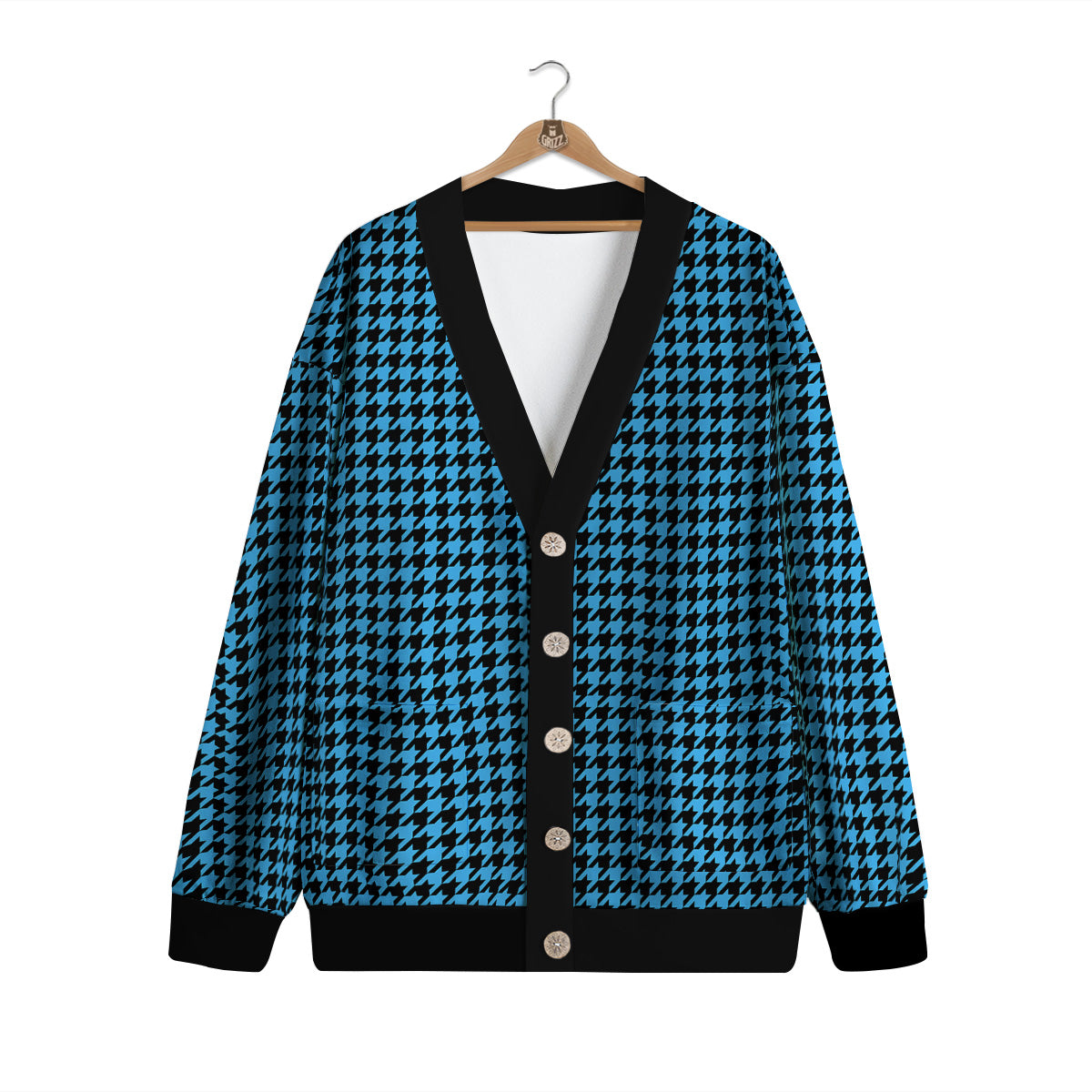 Houndstooth Black And Blue Print Cardigan-grizzshop