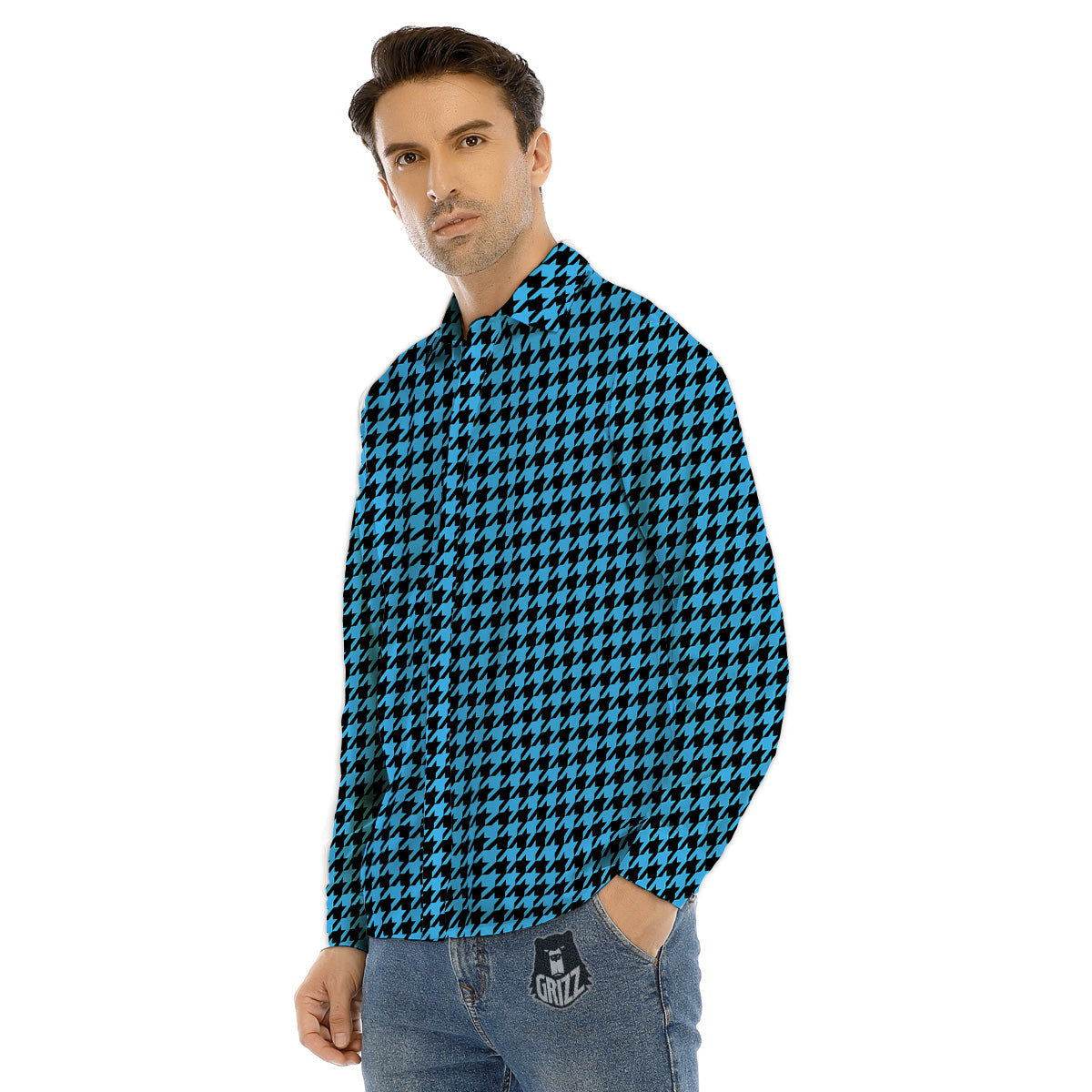 Houndstooth Black And Blue Print Men's Dress Shirts-grizzshop