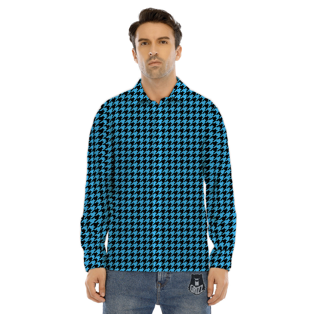 Houndstooth Black And Blue Print Men's Dress Shirts-grizzshop