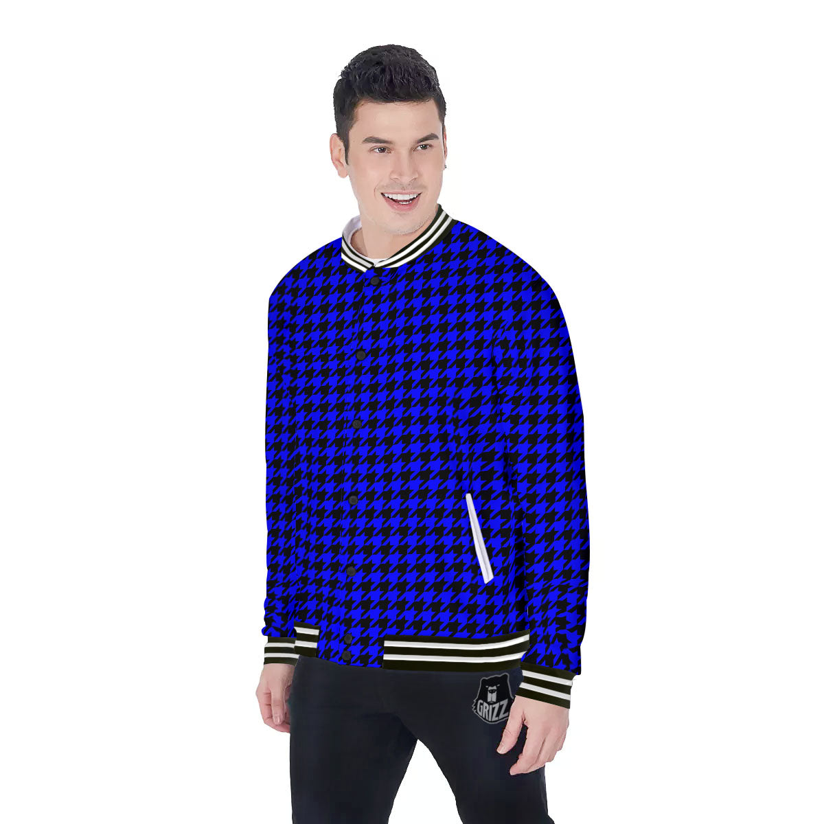 Houndstooth Black And Blue Print Pattern Baseball Jacket-grizzshop