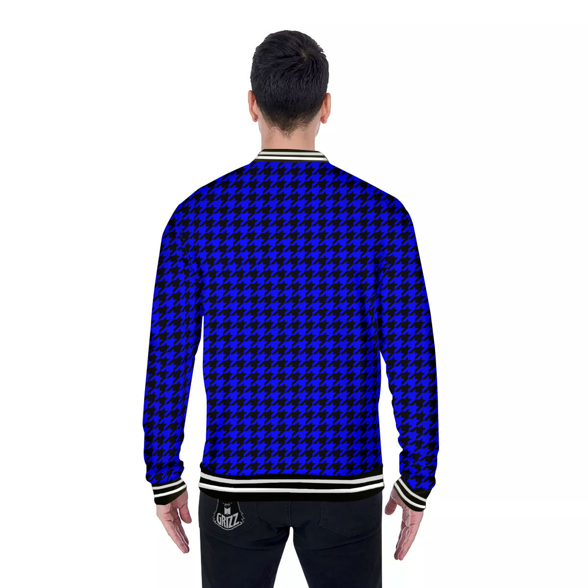 Houndstooth Black And Blue Print Pattern Baseball Jacket-grizzshop