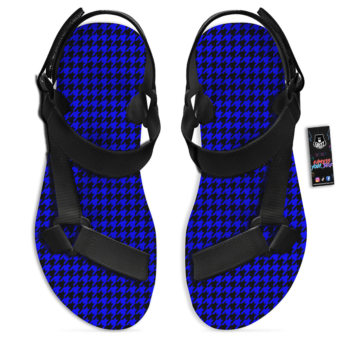 Houndstooth Black And Blue Print Pattern Black Open Toe Sandals-grizzshop