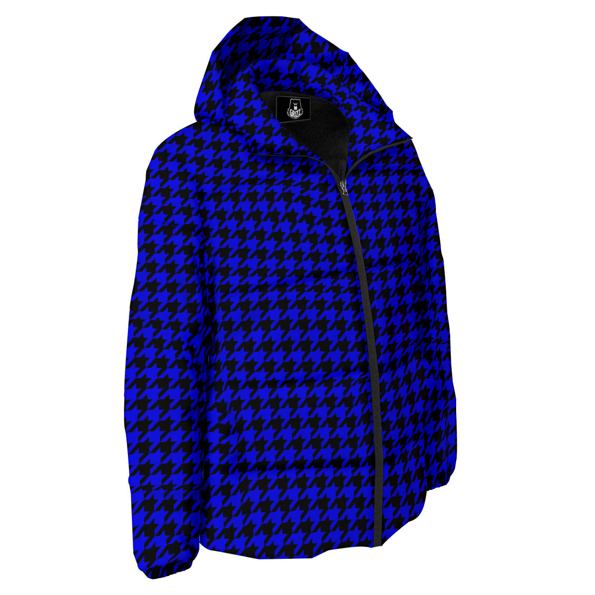 Houndstooth Black And Blue Print Pattern Down Jacket-grizzshop