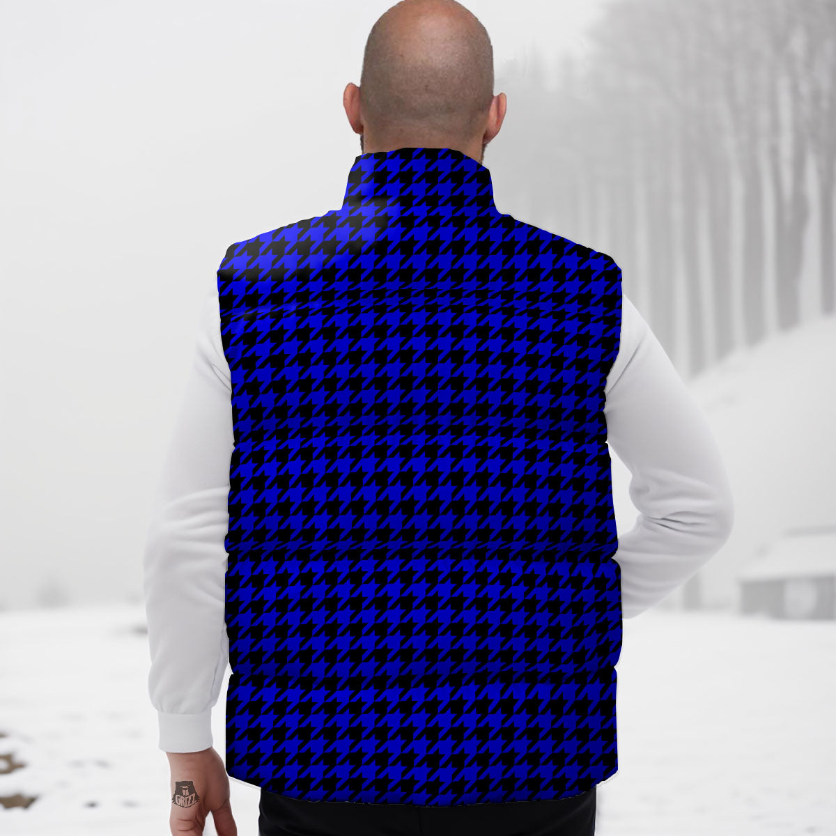 Houndstooth Black And Blue Print Pattern Down Vest