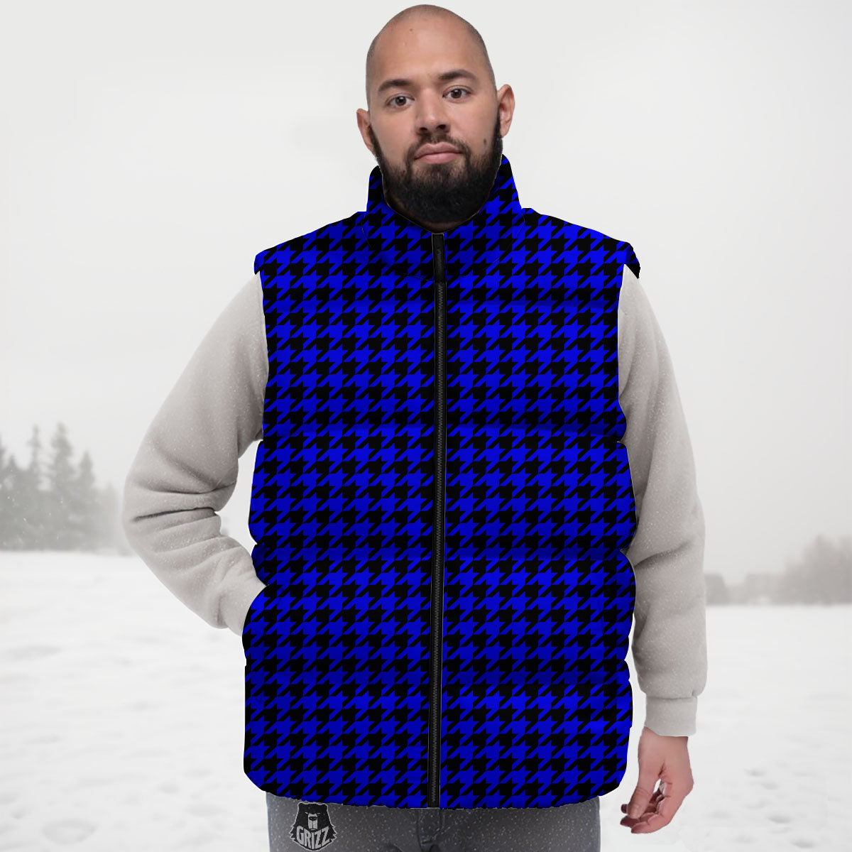 Houndstooth Black And Blue Print Pattern Down Vest