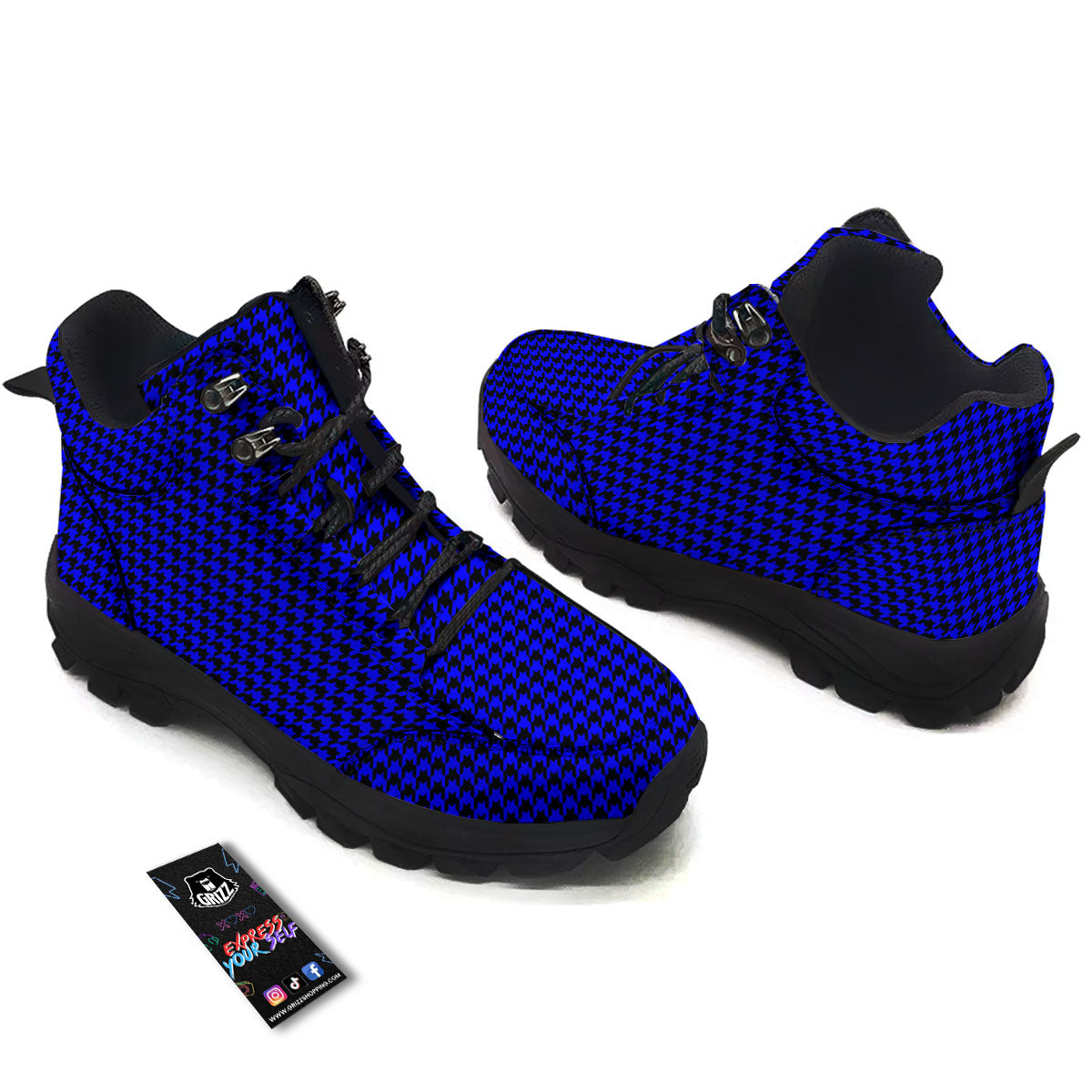 Houndstooth Black And Blue Print Pattern Hiking Shoes-grizzshop