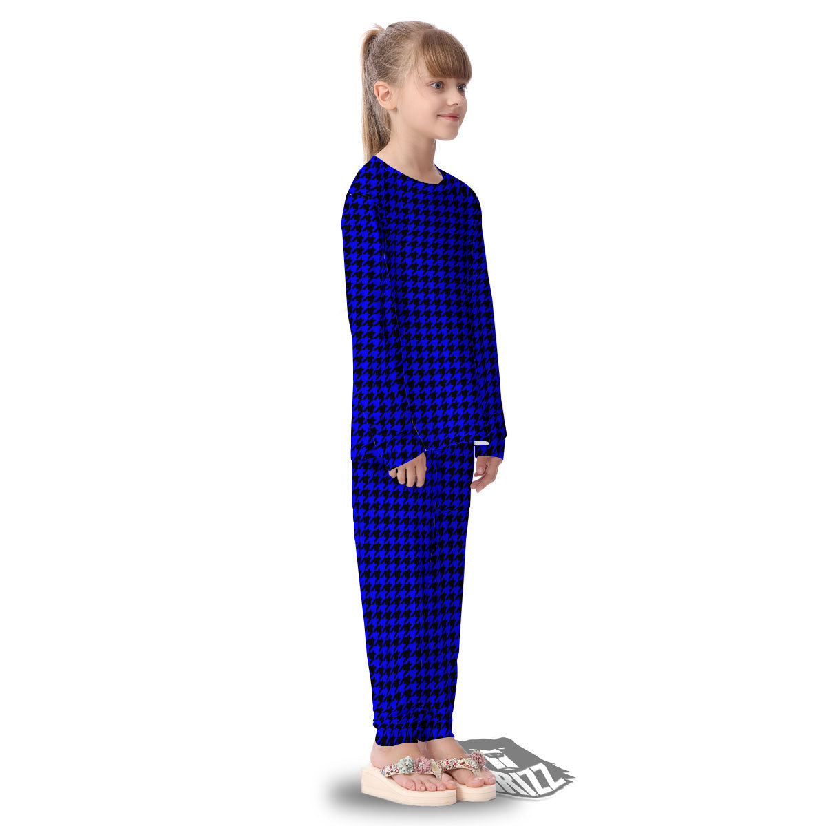 Houndstooth Black And Blue Print Pattern Kid's Pajamas-grizzshop