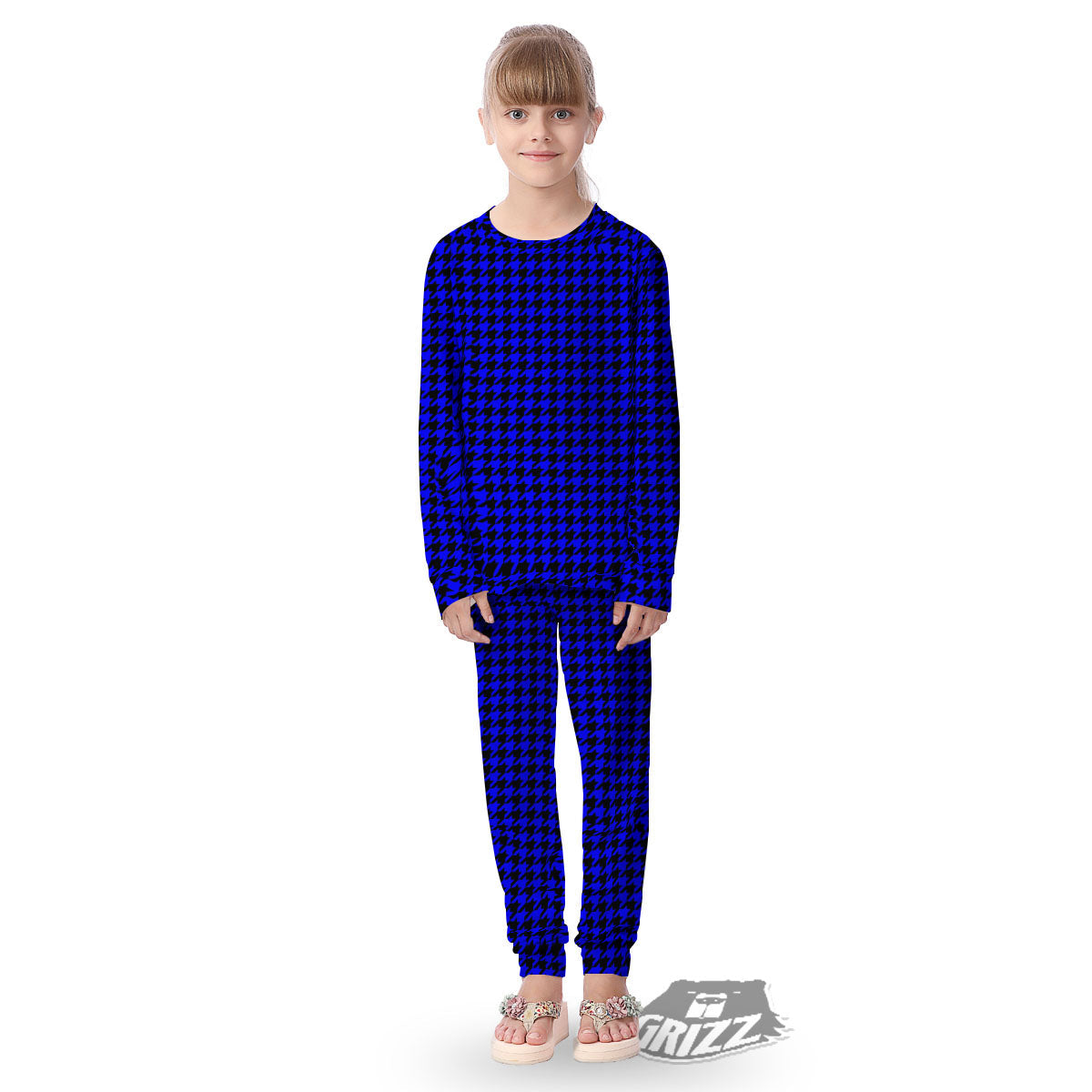 Houndstooth Black And Blue Print Pattern Kid's Pajamas-grizzshop