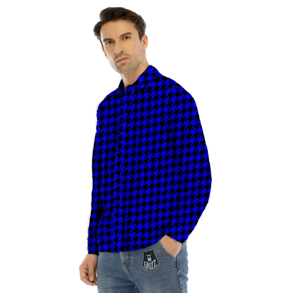Houndstooth Black And Blue Print Pattern Men's Dress Shirts-grizzshop