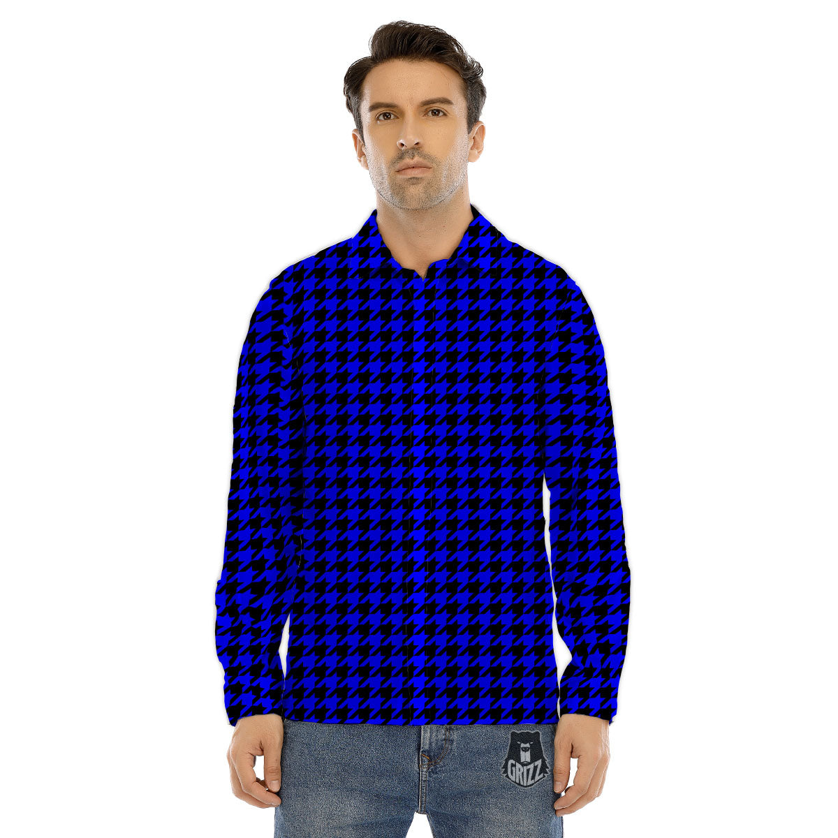 Houndstooth Black And Blue Print Pattern Men's Dress Shirts-grizzshop