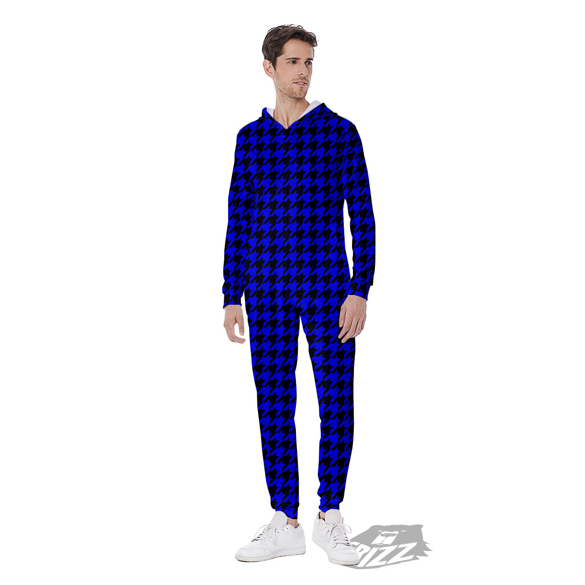 Houndstooth Black And Blue Print Pattern Men's Jumpsuit-grizzshop