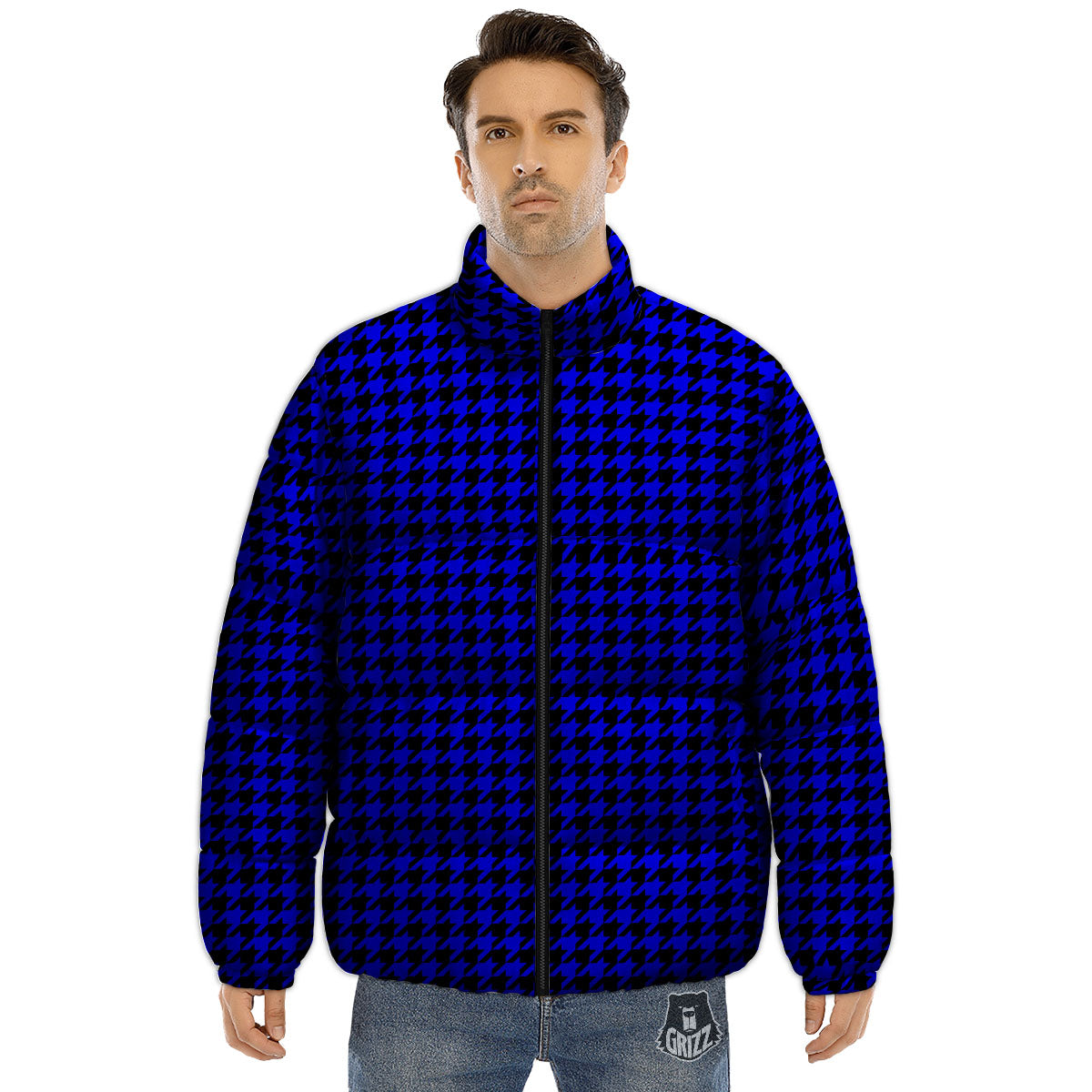 Houndstooth Black And Blue Print Pattern Puffer Jacket-grizzshop