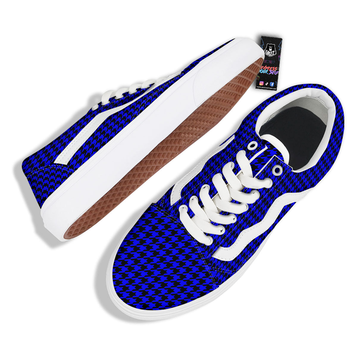 Houndstooth Black And Blue Print Pattern Skate Shoes-grizzshop
