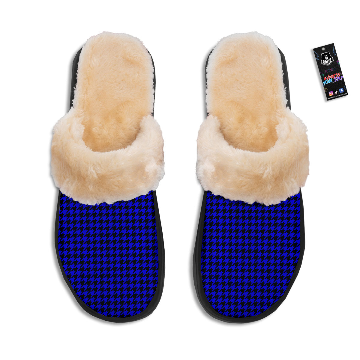 Houndstooth Black And Blue Print Pattern Slippers-grizzshop