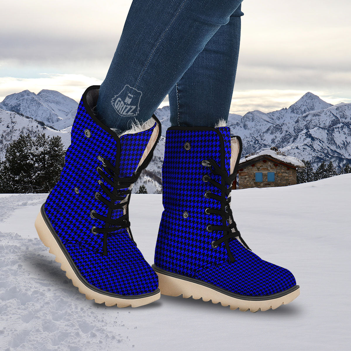 Houndstooth Black And Blue Print Pattern Snow Boots-grizzshop