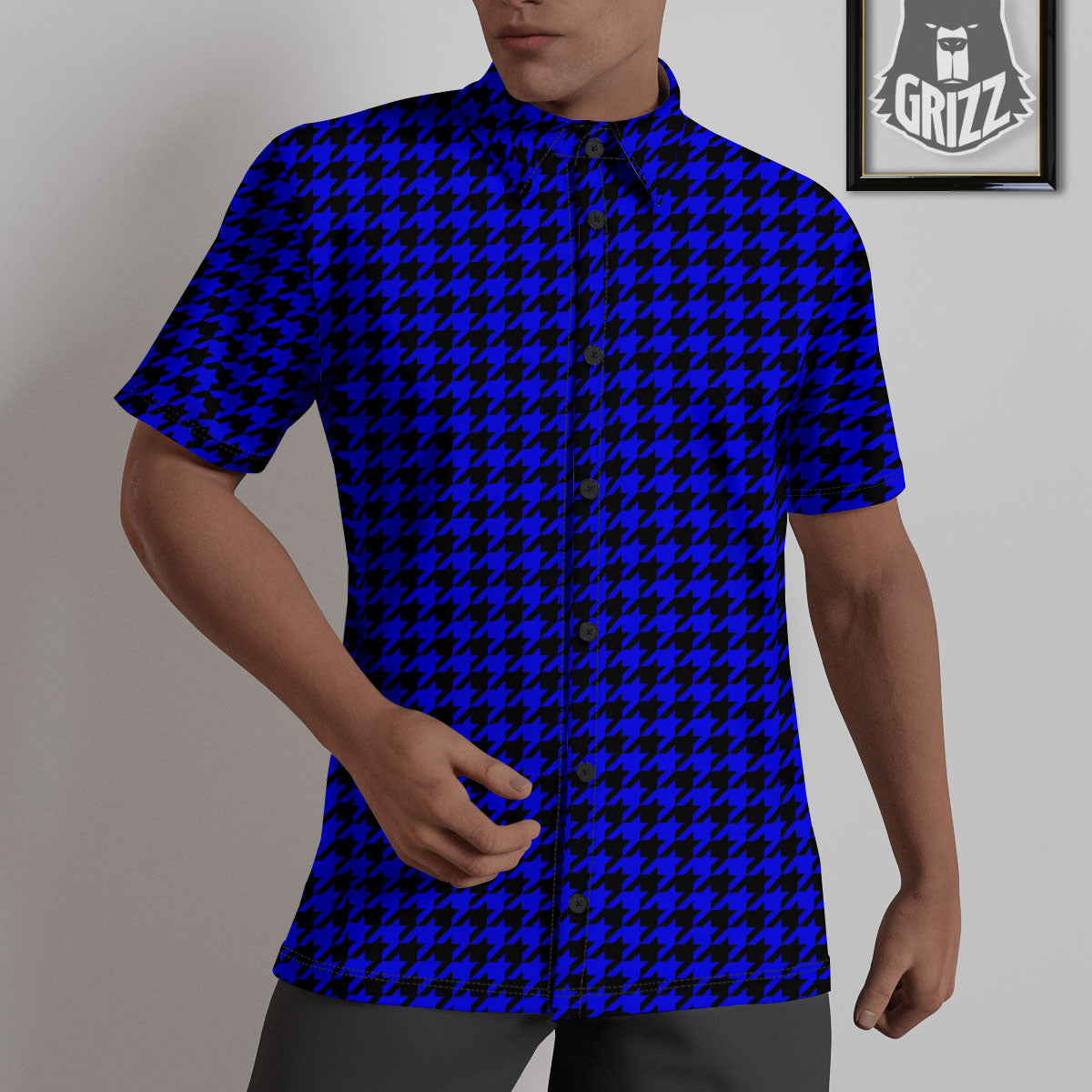 Houndstooth Black And Blue Print Pattern Untucked Shirts-grizzshop