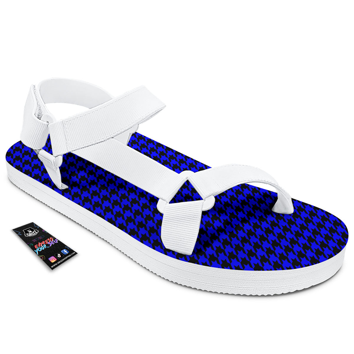 Houndstooth Black And Blue Print Pattern White Open Toe Sandals-grizzshop
