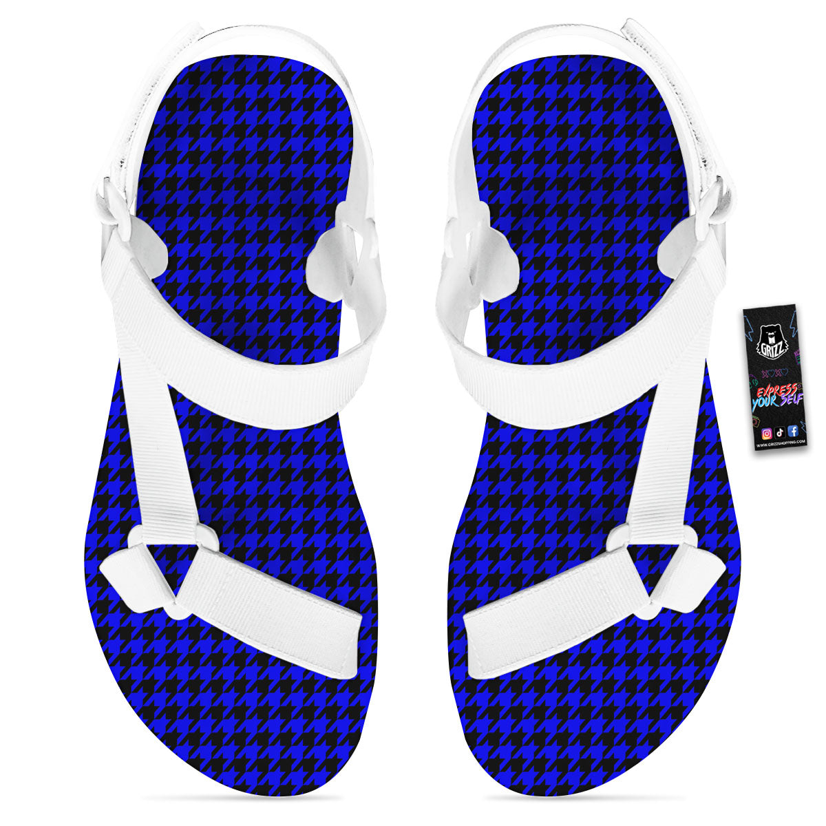 Houndstooth Black And Blue Print Pattern White Open Toe Sandals-grizzshop