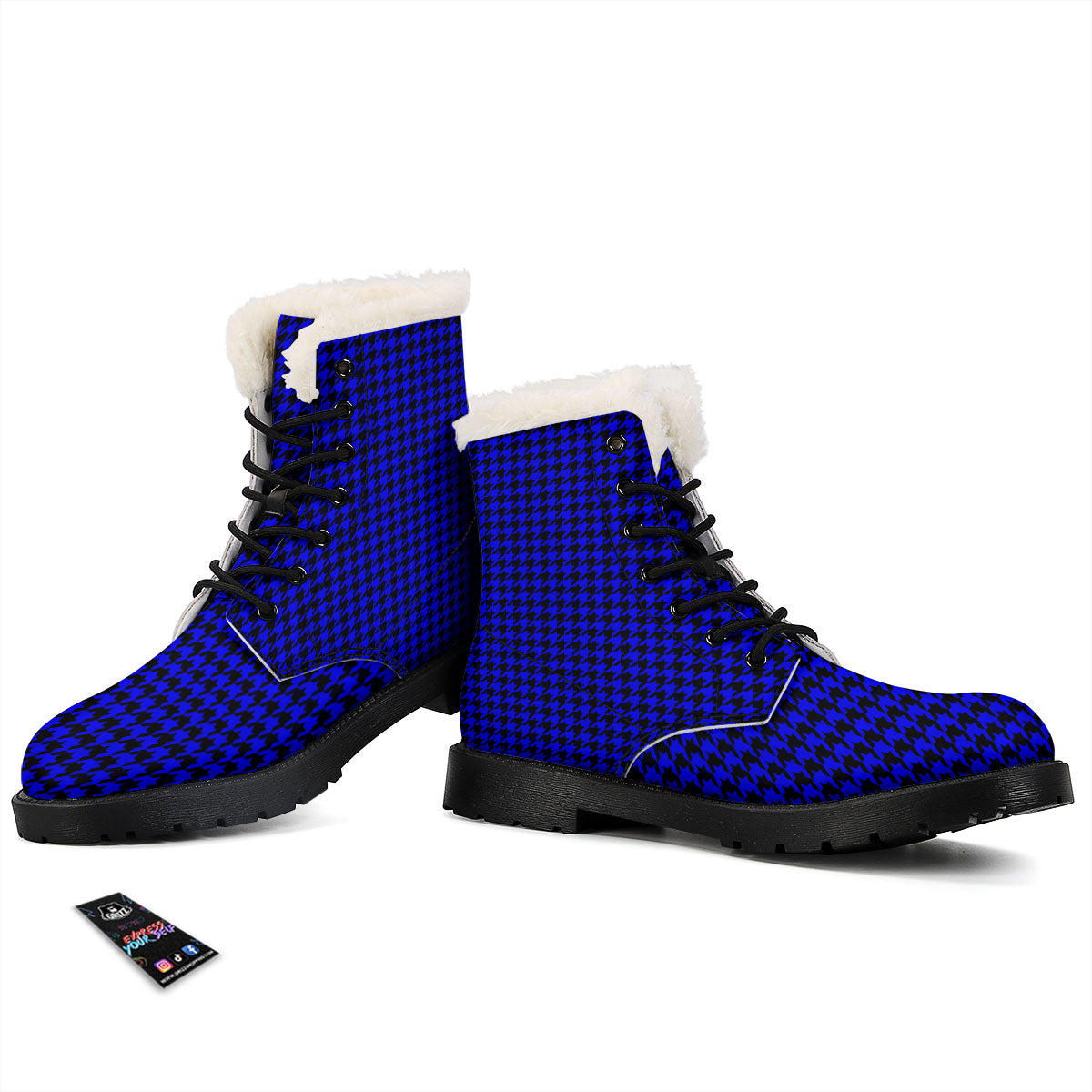 Houndstooth Black And Blue Print Pattern Winter Boots-grizzshop