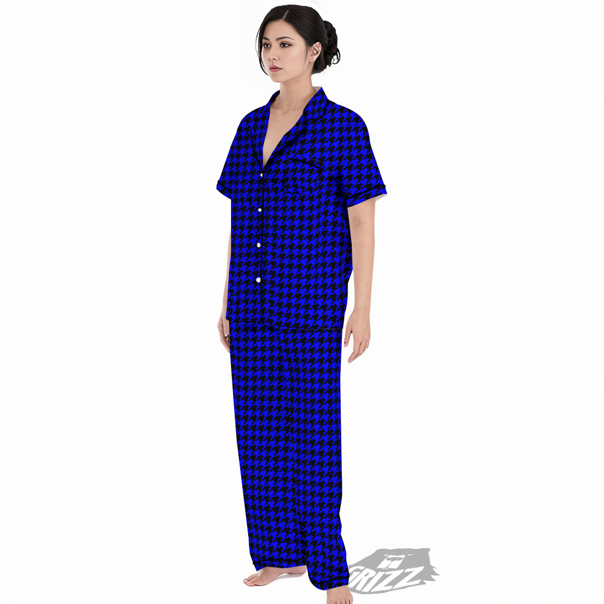 Houndstooth Black And Blue Print Pattern Women's Pajamas Set-grizzshop