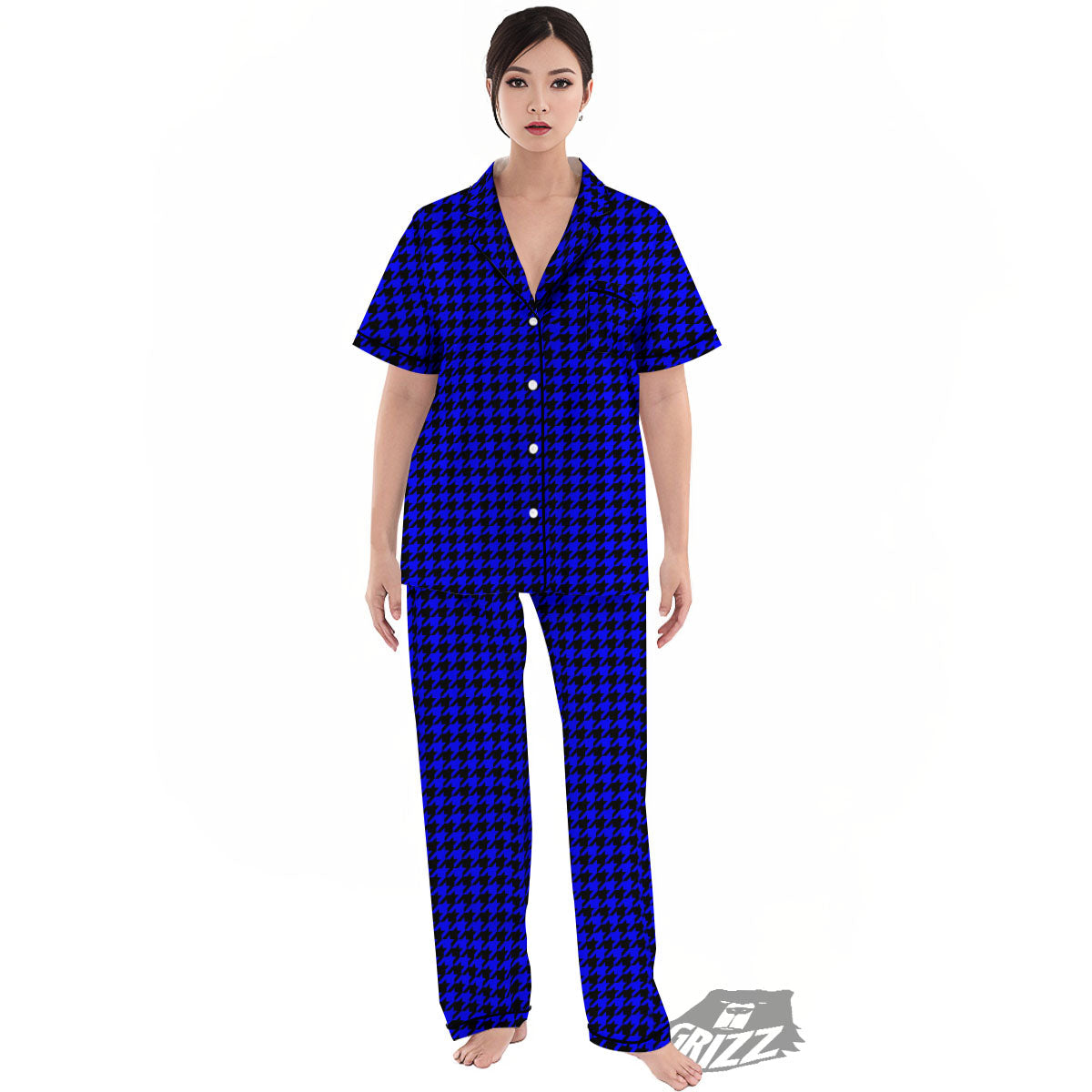 Houndstooth Black And Blue Print Pattern Women's Pajamas Set-grizzshop